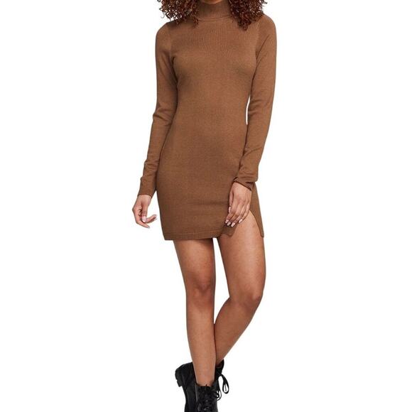 New CHASER Sweater Mini Dress Mock Neck Long Sleeve Side Slit Taupe Women's Sz S - Picture 1 of 11